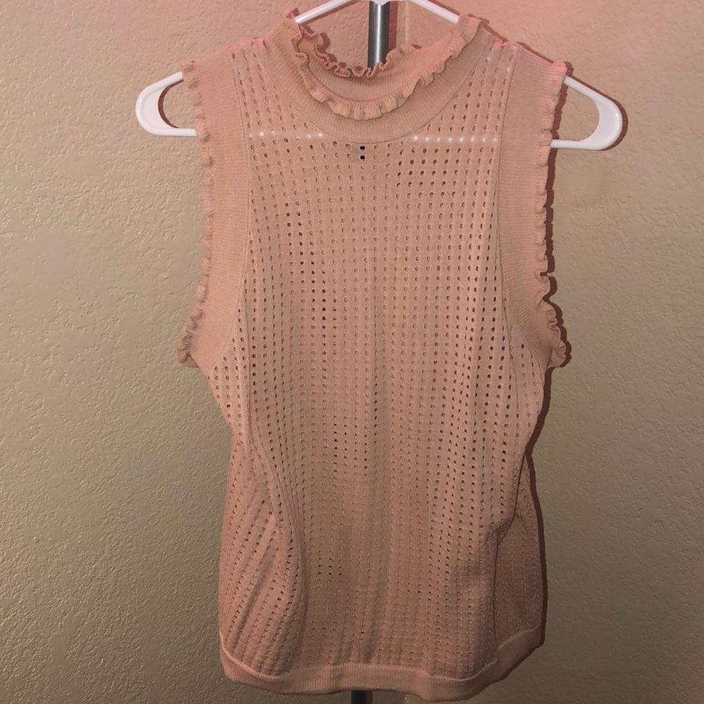 BCBG blush Sleeveless ruffle high neck blouse